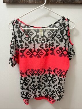 Truth Pink and Black Geometric Cold-Shoulder Top